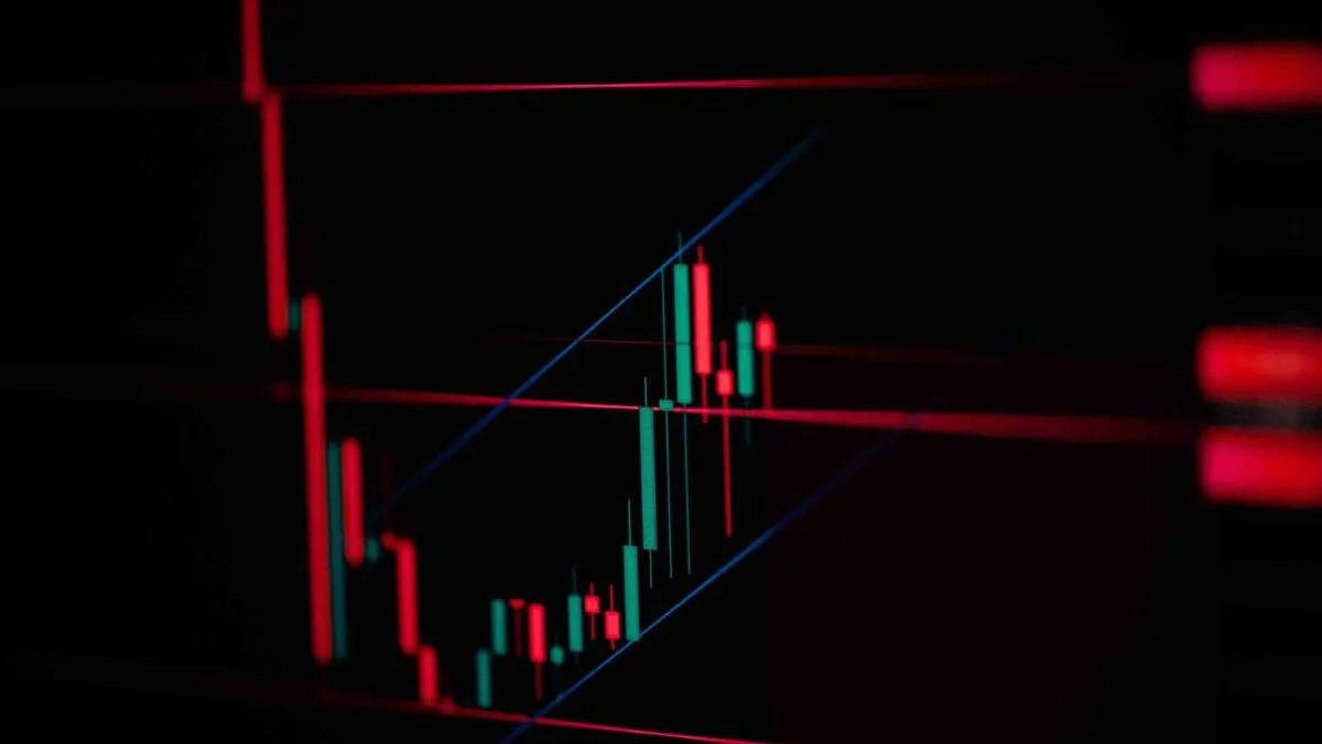 A trading chart with candlestick patterns and three support and resistance lines