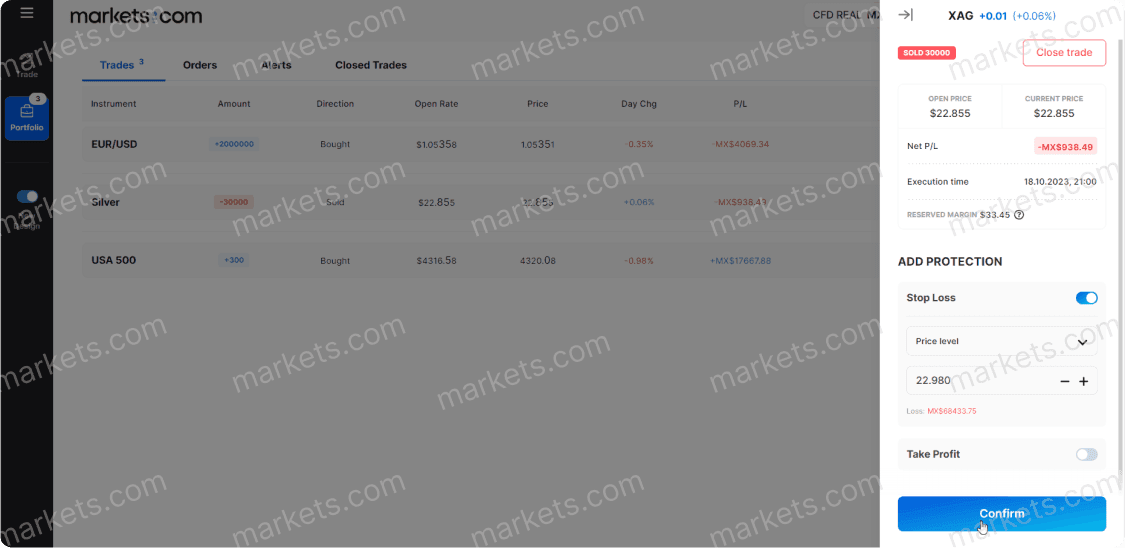  A vertical panel on the right side of the platform provides details about the stop-loss order of an asset. 
