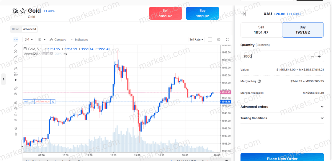 A vertical panel on the right side of the platform provides trading information about the gold commodity.