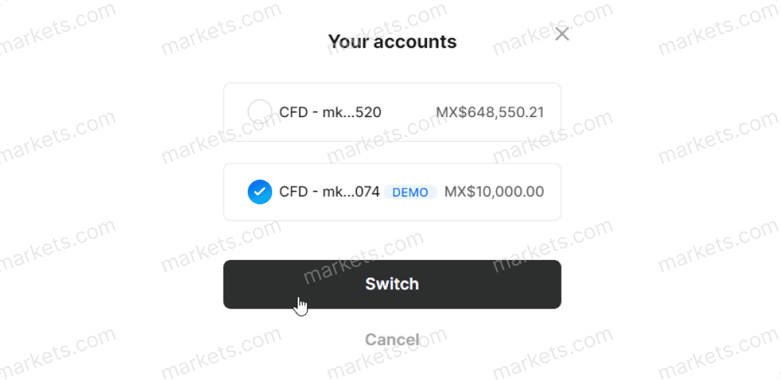 A window displaying existing accounts with a button to switch demo or real account.