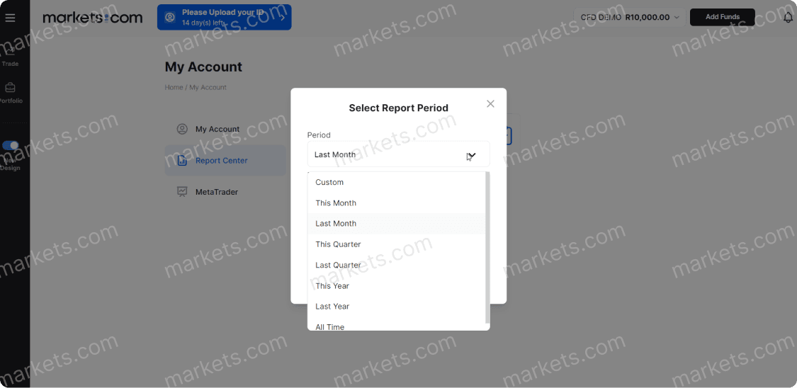 A window pops up displaying choices for selecting the report period.