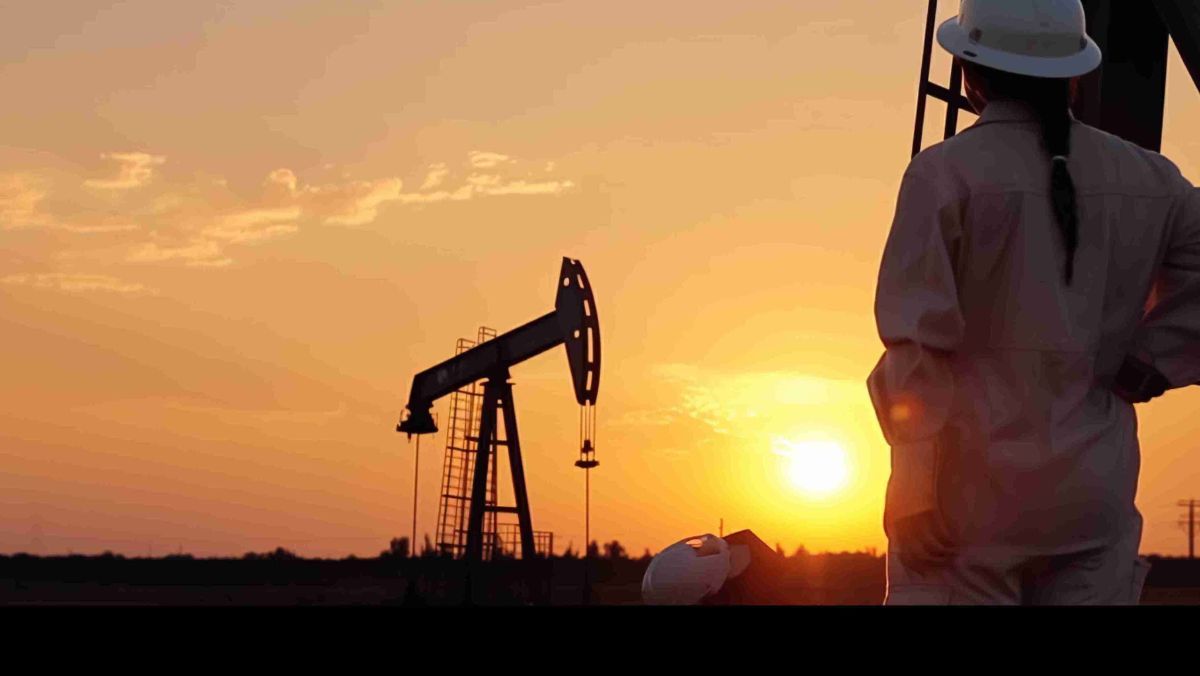 A worker on an oil rig standing and observing the rig during sunset