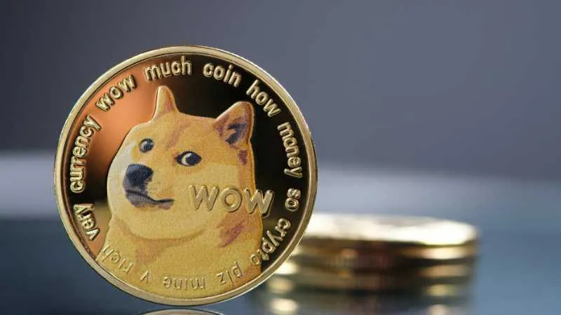Dogecoin themed coin with Shiba Inu and text WOW in the foreground