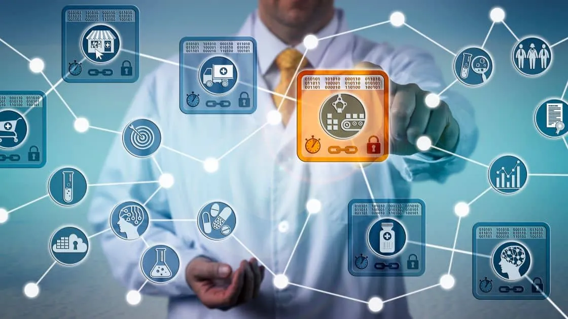 Man interacting with a futuristic holographic interface displaying medical and scientific icons connected by digital lines.