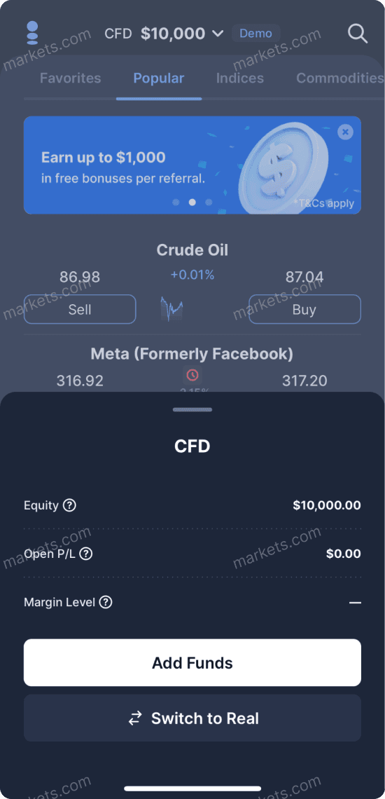 The account page on the mobile app shows the equity, open P/L, and margin level, below is the switch account button. 