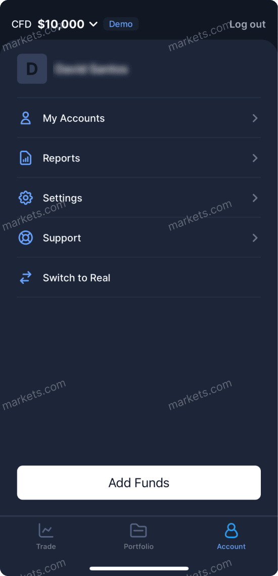 The accounts dashboard on the mobile app displays a selection of accounts, reports, settings, support, and switch accounts.