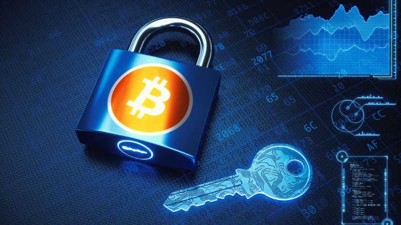 The image shows a padlock with a Bitcoin logo and a digital key on a tech-themed background