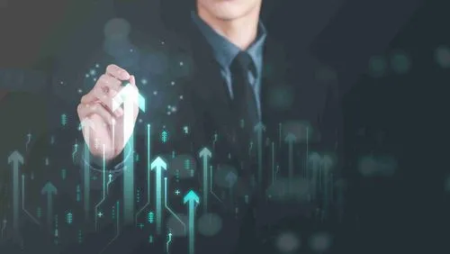 A man in a black suit points the path of brightly colored arrows ascending