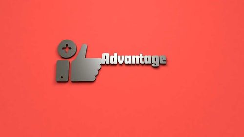 Thumbs up icon and the word Advantage on a red background