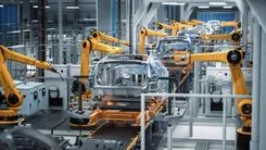 Car Factory 3D Concept_ Automated Robot Arm Assembly Line Manufacturing Advanced High-Tech Green Energy Electric Vehicles. Construction, Building, Welding Industrial Production Conveyor. Back View