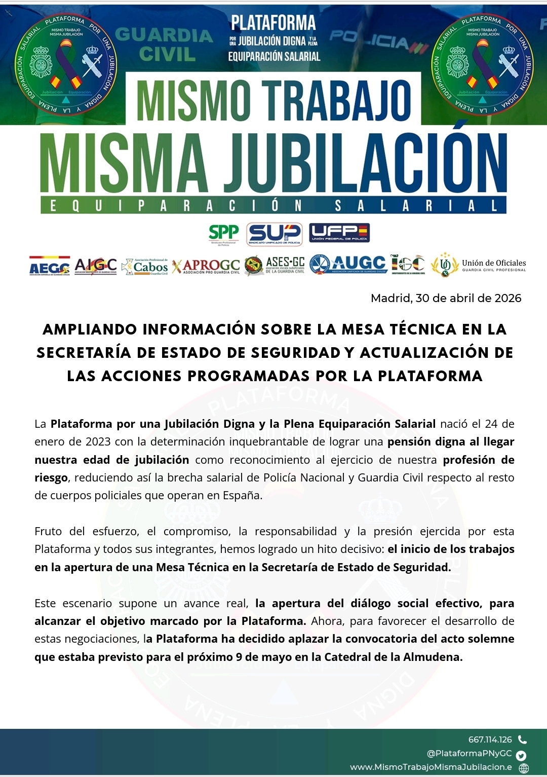 Ampliando información sobre la mesa técnica en la Secretaría de Estado de Seguridad y actualización de las acciones programadas por la Plataforma.