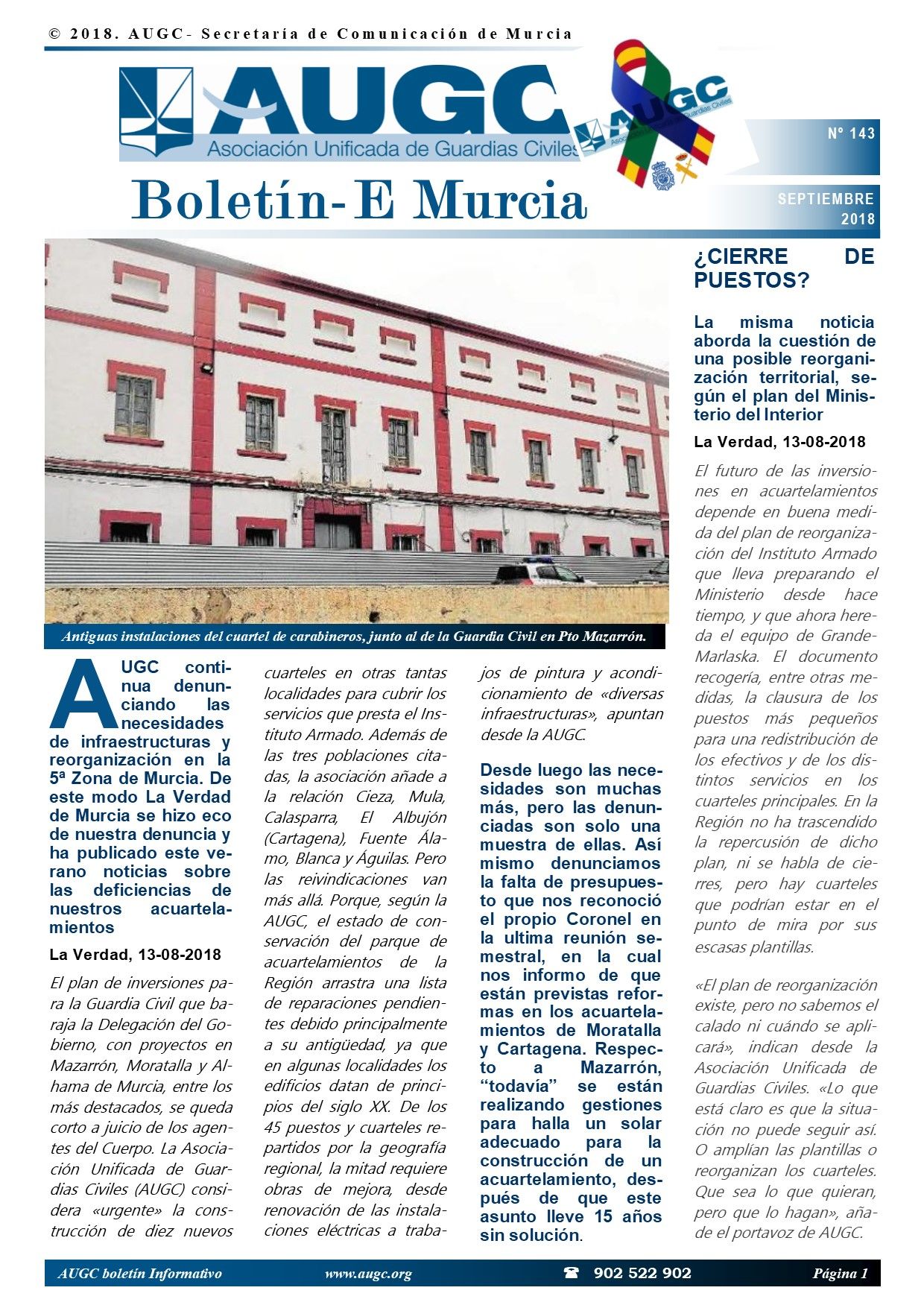 La denuncia sobre el mal estado de los cuarteles en la Región, tema de apertura del nuevo boletín de AUGC Murcia