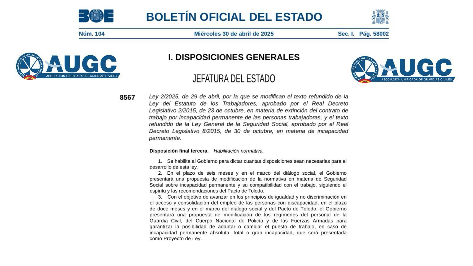 El avance histórico promovido por AUGC ya es ley: publicada en el BOE la reforma que protege el empleo tras una incapacidad permanente