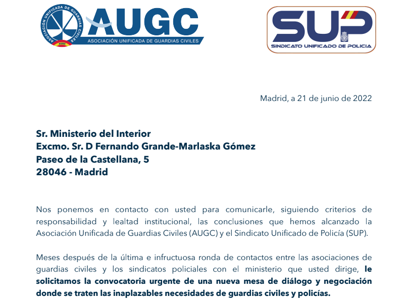 Anunciamos movilizaciones junto al SUP si Interior no convoca en una mesa de diálogo y negociación a los representantes de Guardias Civiles y Policía