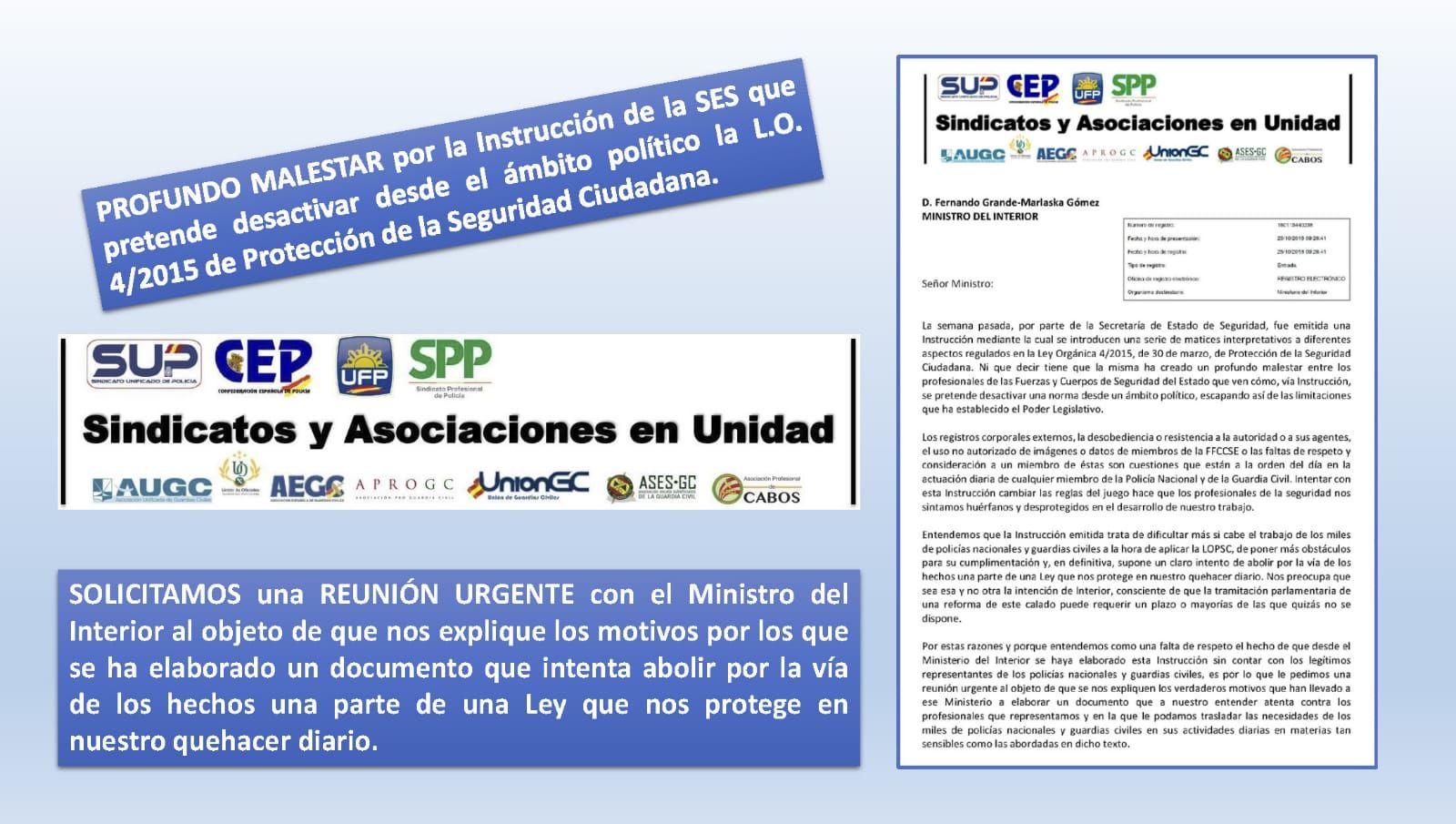 Asociones y sindicatos reclaman una reunión con Interior para que se les aclare por qué se han incorporado sin consultarles matices interpretativos a la Ley Orgánica de Seguridad Ciudadana