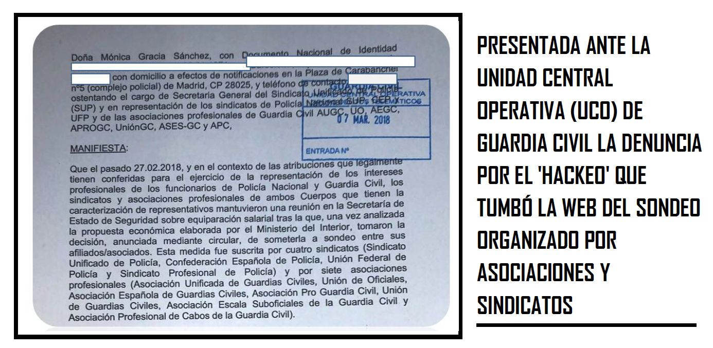 Presentada ante la Unidad Central Operativa (UCO) de la Guardia Civil la denuncia por el “hackeo” que tumbó la web del sondeo organizado por asociaciones y sindicatos