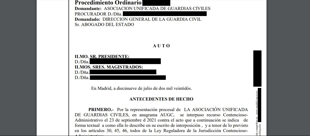 El Tribunal Superior de Justicia de Madrid rechaza la exposición empleada por la Dirección General de la Guardia Civil para no abonar la productividad