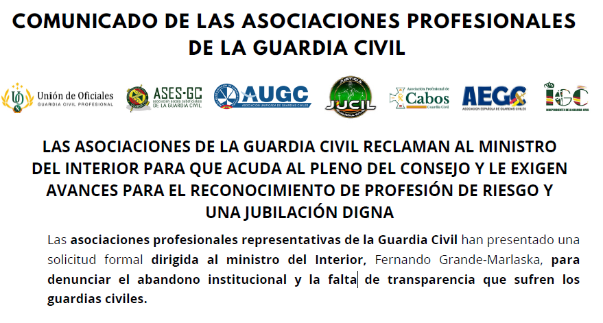 Las asociaciones de la guardia civil reclaman al Ministro del Interior que acuda al Pleno del Consejo