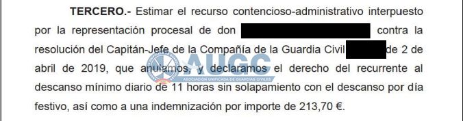 AUGC fija doctrina: El Tribunal Supremo anula el criterio de la Guardia Civil de aplicar un descanso menor de 11 horas, dándonos así la razón