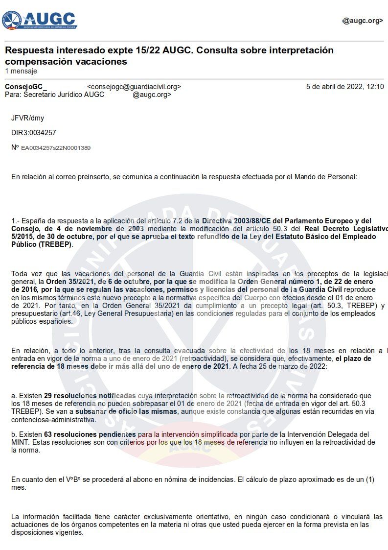 Vacaciones al finalizar la relación laboral: Tras la denuncia de AUGC ante la CE, la DGGC modificará las resoluciones denegatorias anteriores a 2021