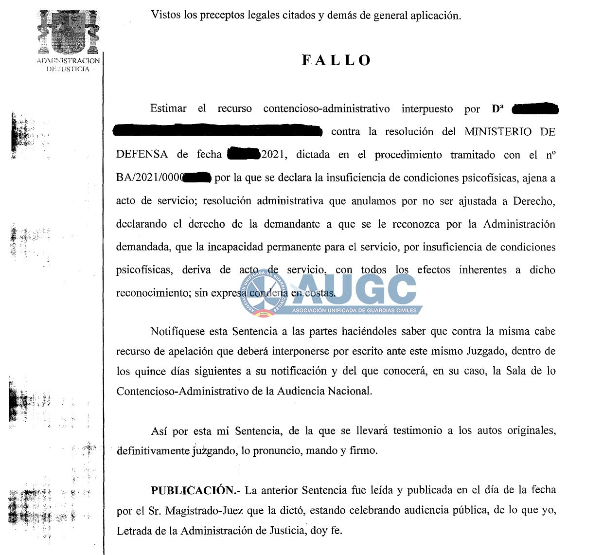 Una Guardia Civil retirada por una incapacidad permanente interpone un recurso contra Defensa por negarle que su estado sea consecuencia del servicio