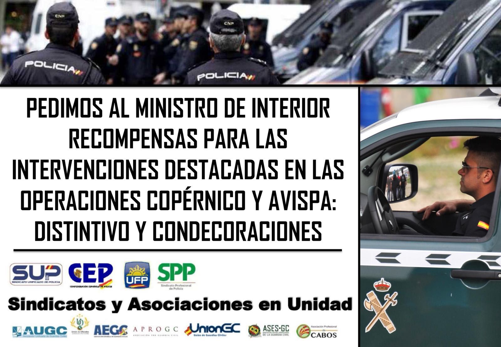 Pedimos al ministro del Interior recompensas para las intervenciones destacadas en las operaciones Copérnico y Avispa: distintivo y condecoraciones