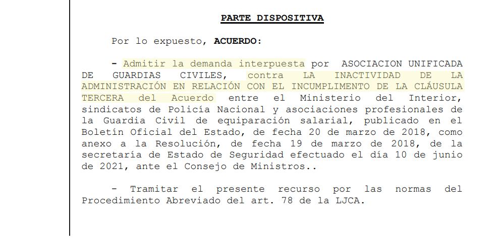 El Juzgado Central de Madrid admite a trámite la demanda contra el Ministerio del Interior por el incumplimiento del acuerdo de equiparación salarial