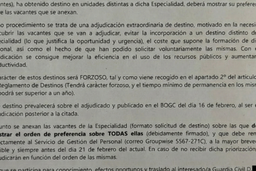 Notificación que obliga a peticionar destino en las especialidades.