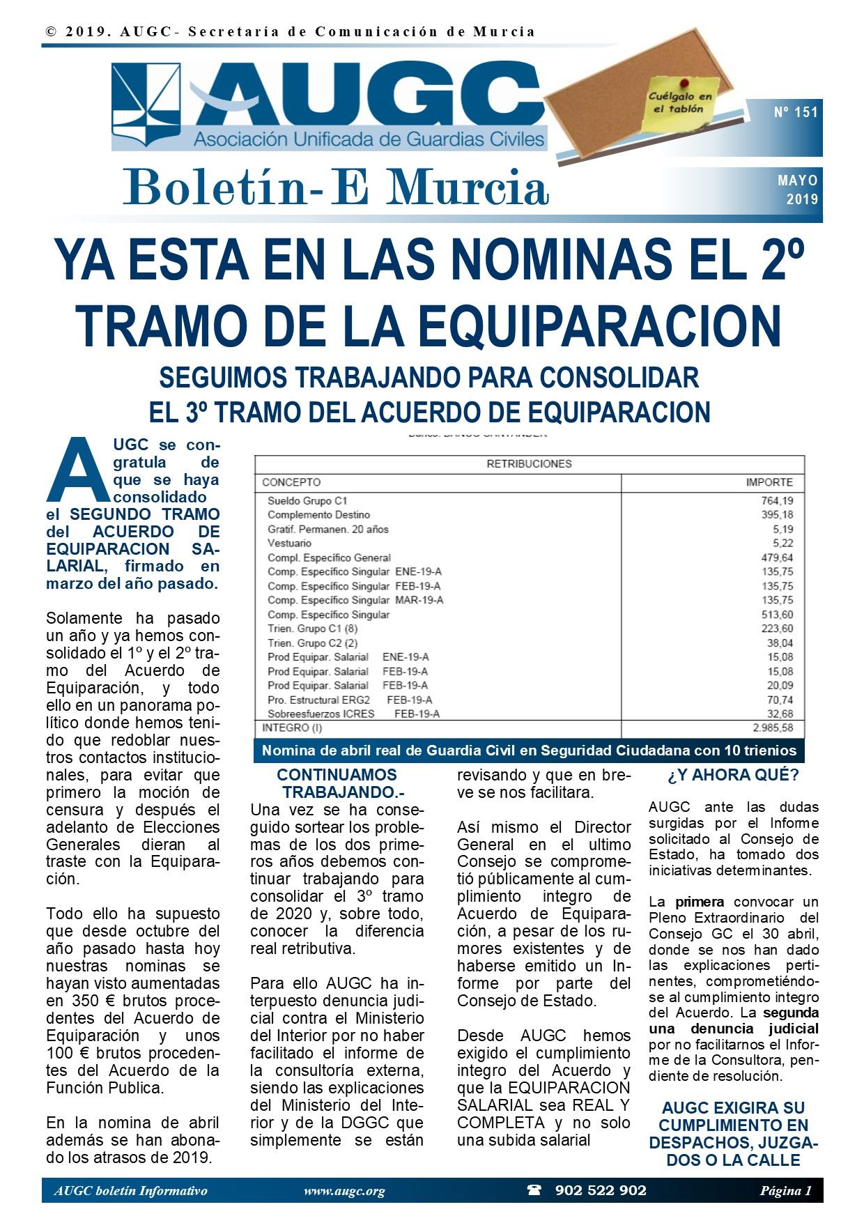 La consolidación del segundo tramo de la equiparación salarial, portada del nuevo boletín de AUGC Murcia