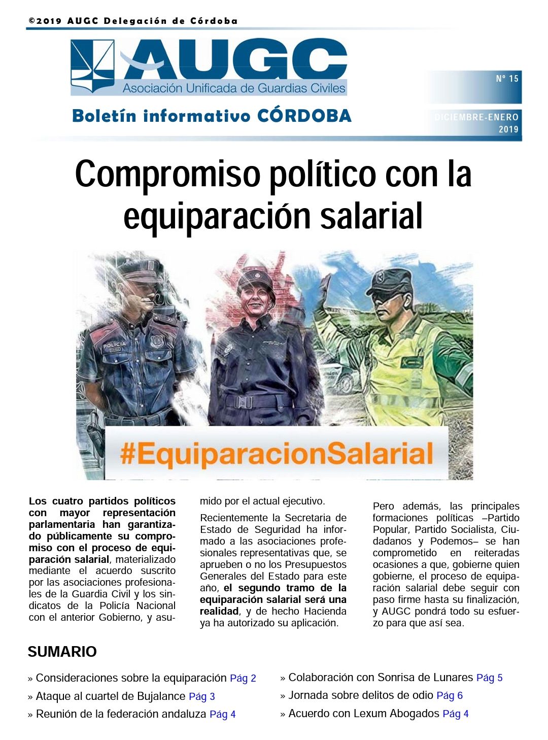La equiparación salarial en portada del boletín de AUGC Córdoba
