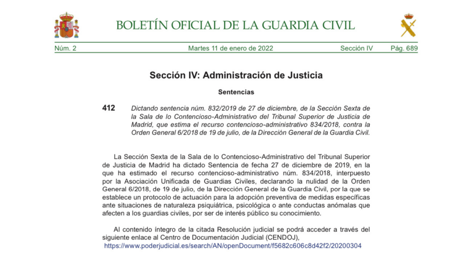 El BOGC publica la anulación del protocolo de medidas ante problemas psicológicos de los guardias civiles que AUGC tumbó en los tribunales