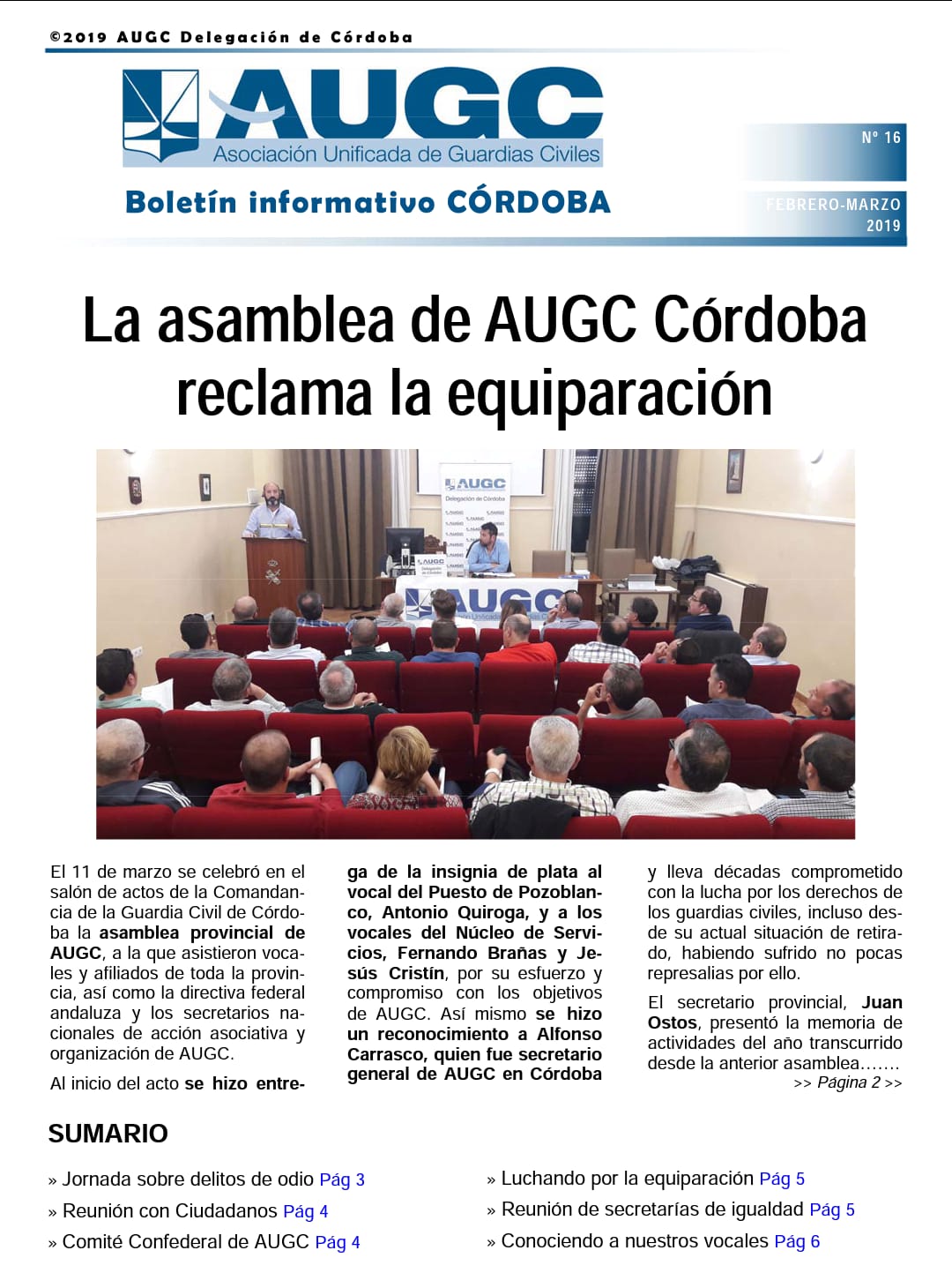 La asamblea provincial y la equiparación abren el boletín de AUGC Córdoba