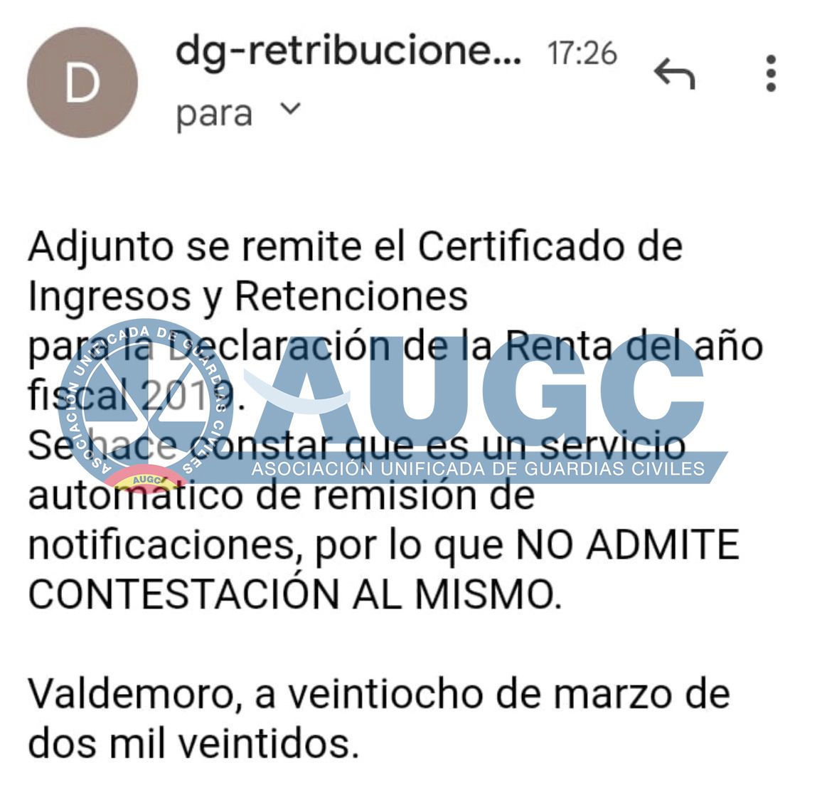 La Dirección General de la Guardia Civil remite el Certificado para la Declaración de la Renta correspondiente a 2019