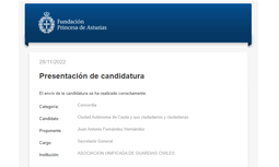 Apoya la candidatura propuesta por la Asociación Unificada de Guardias Civiles para que la Ciudad de Ceuta reciba el premio 'Princesa de Asturias'