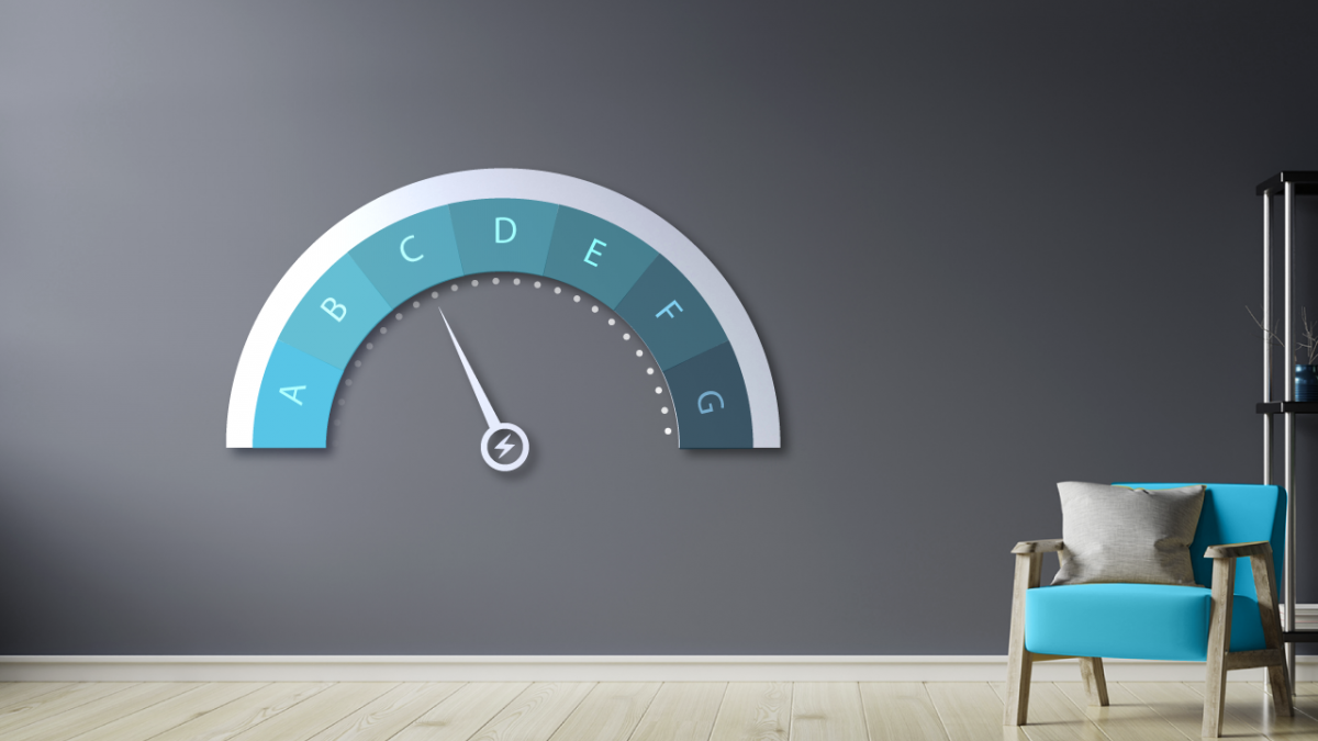 EPC rating from A to G on the gray wall of the office space