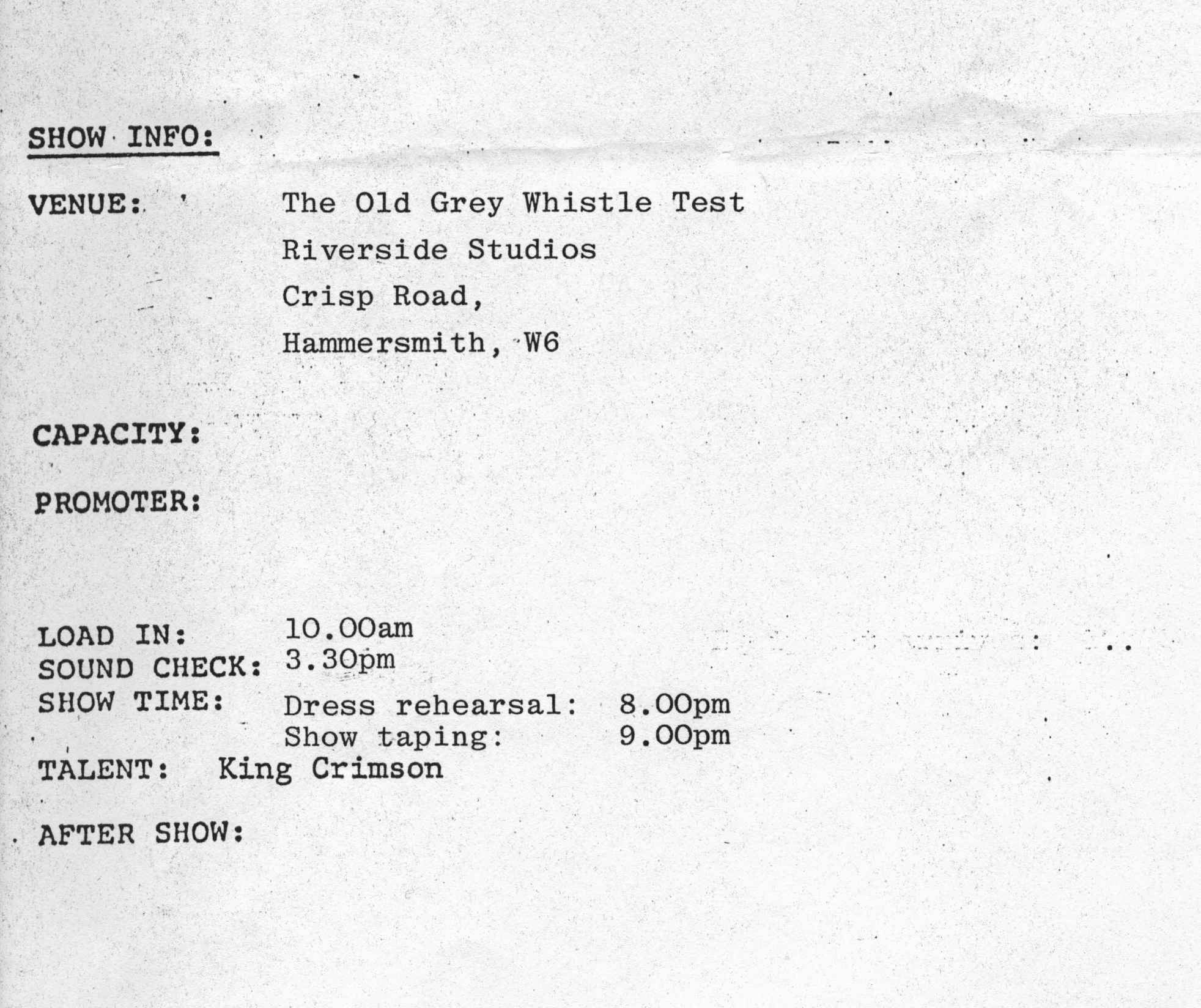 Day sheet for King Crimson on OGWT