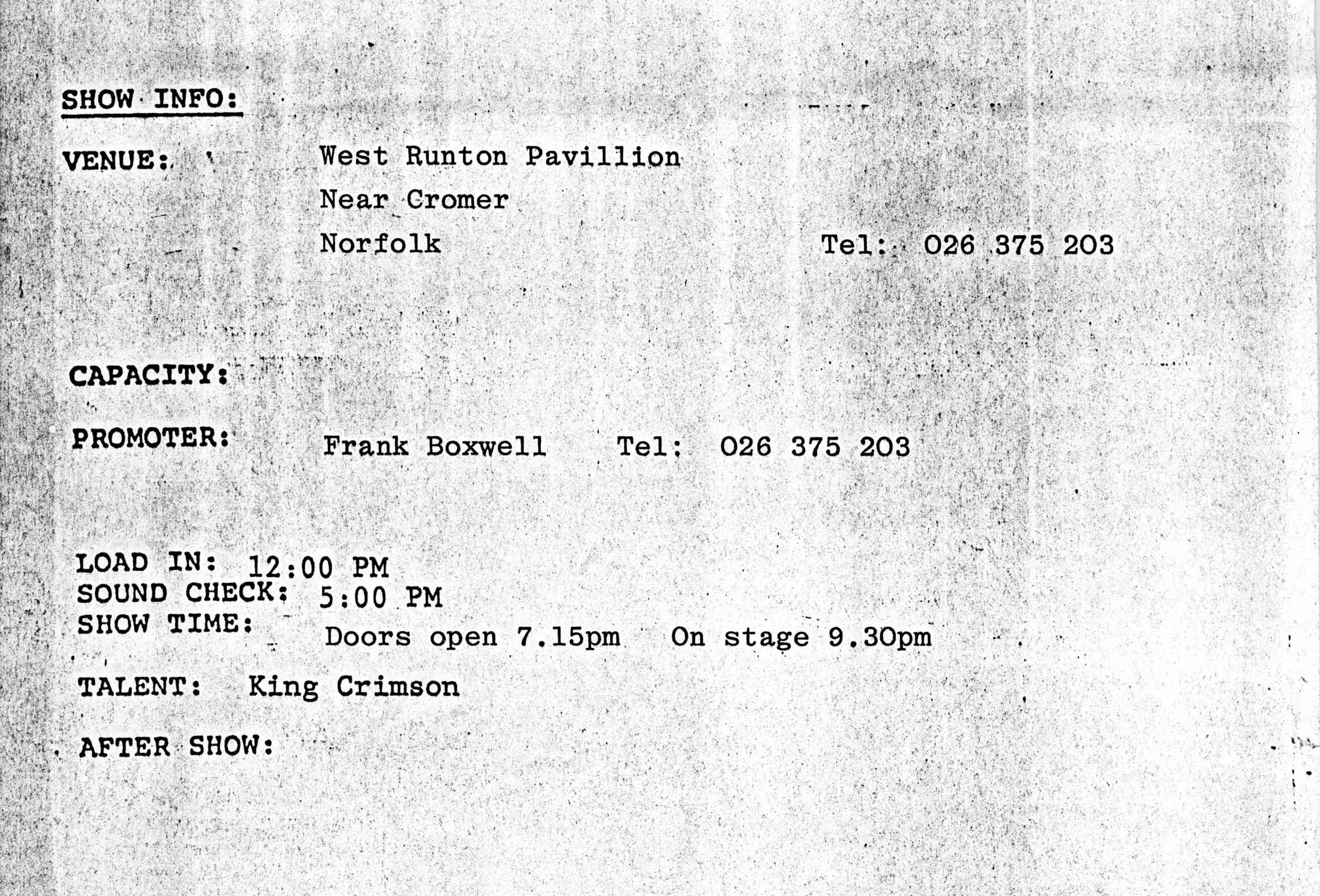 King Crimson schedule.