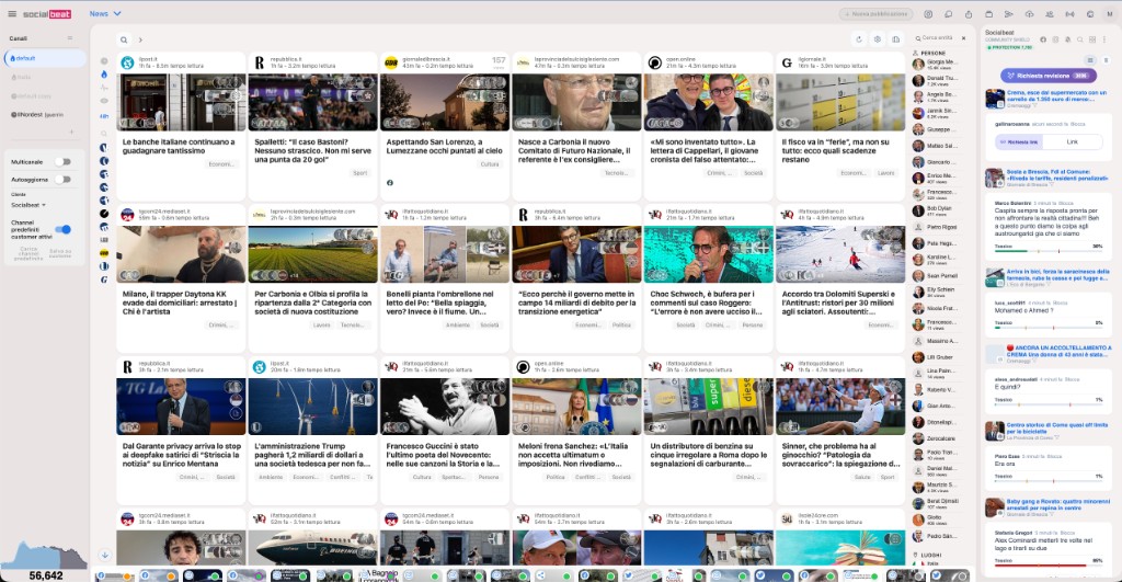 Dashboard Socialbeat Matrix — griglia notizie, entità e monitoring live