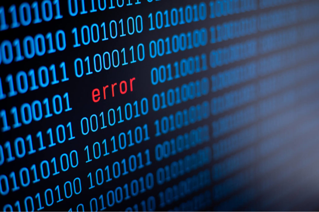 The word error written in red in the middle of blue binary code numbers in the background.