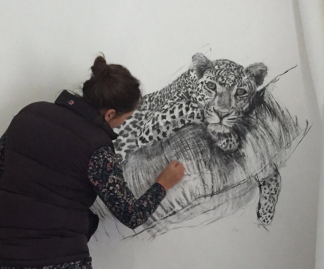 Zaza Shelley working on a large charcoal leopard drawing