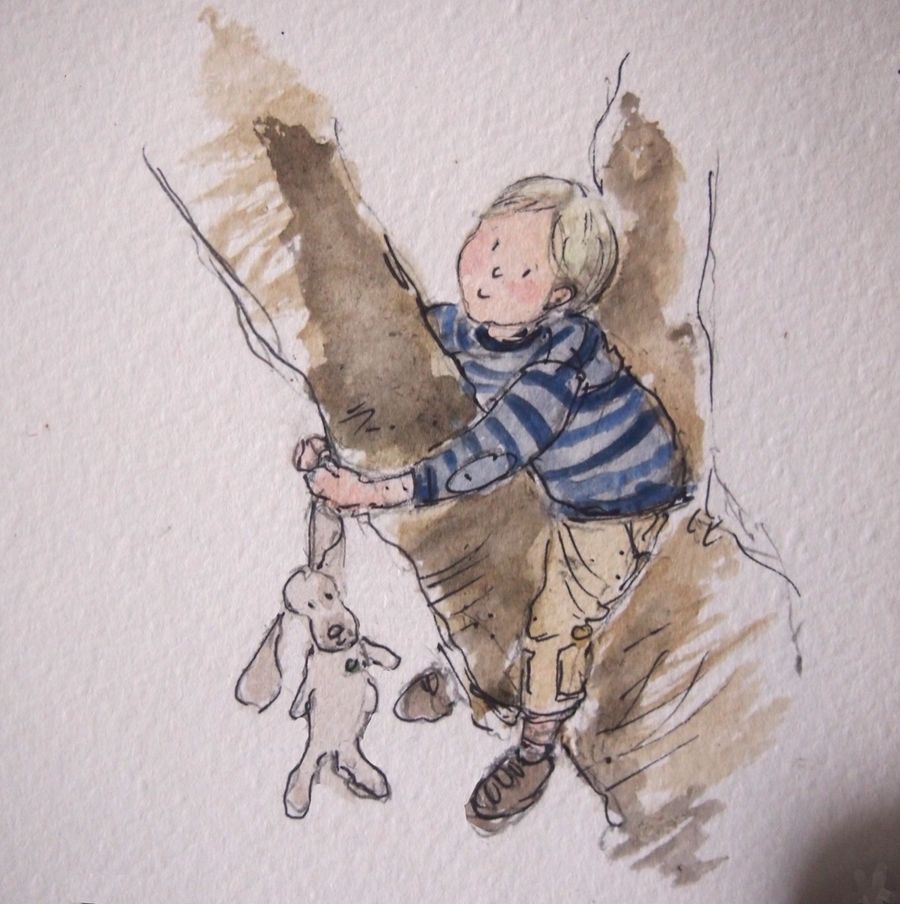 Pencil portrait of a boy in a tree