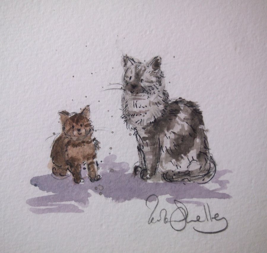 Pencil portrait of a cat and kitten