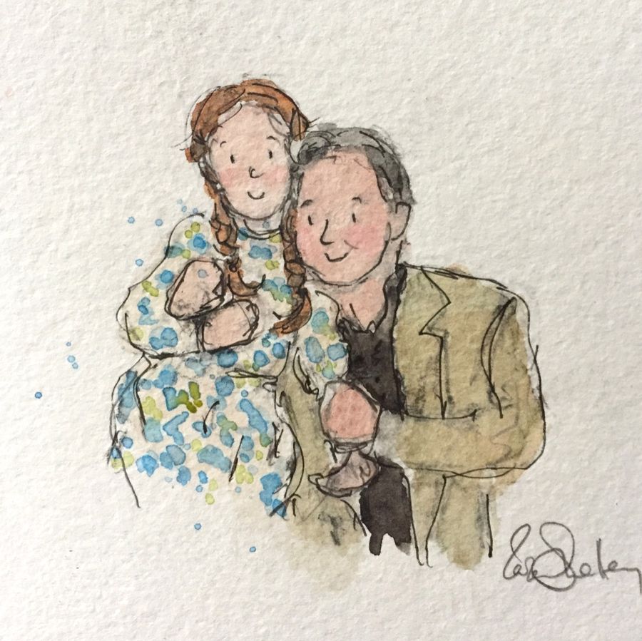 Pencil portrait of a girl with her grandpa