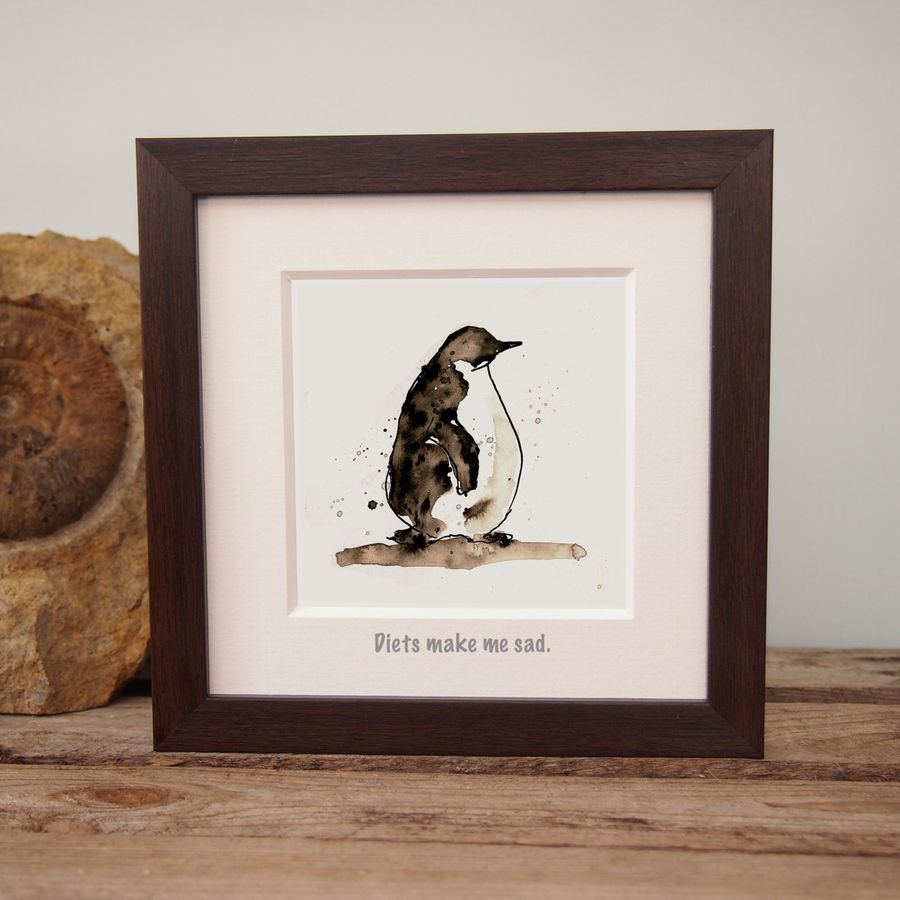 Ink penguin drawing: Diets Make Me Sad