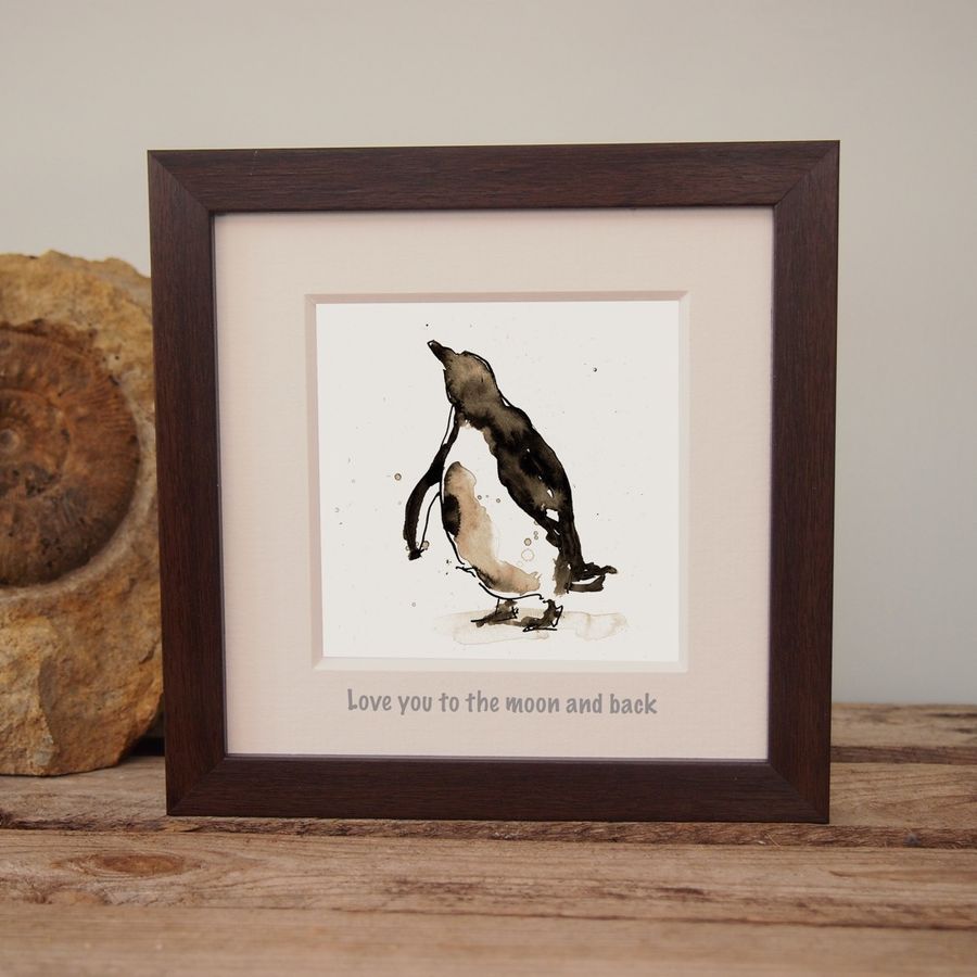Ink penguin drawing: Love You To The Moon And Back