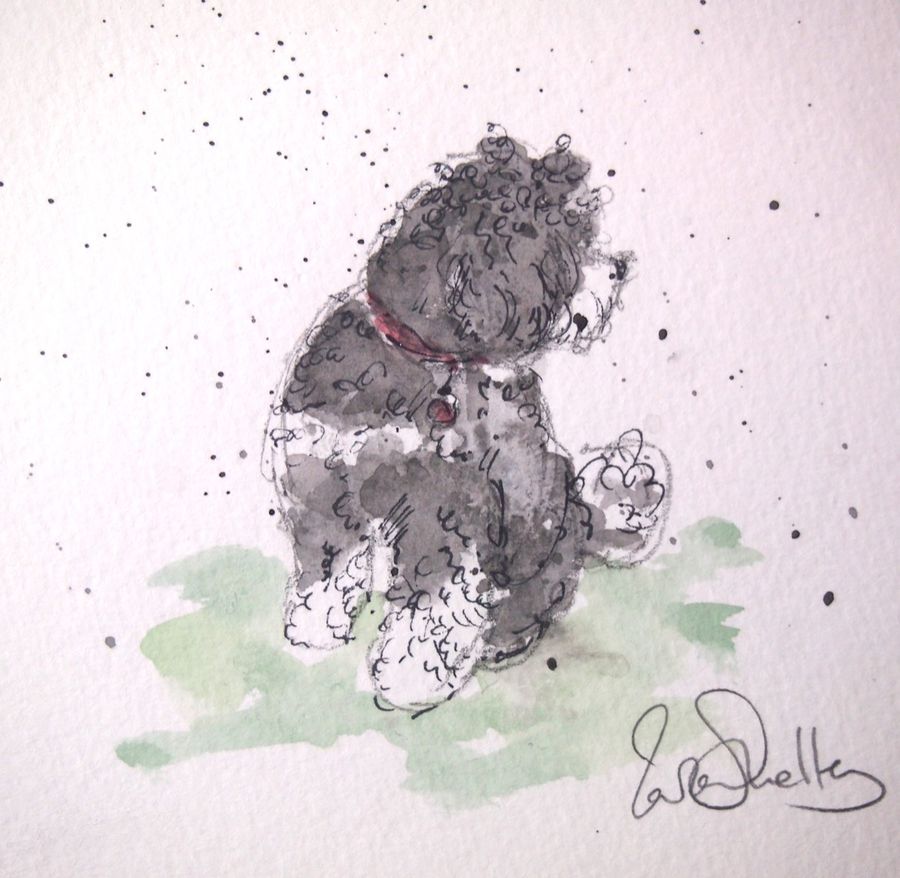 Pencil portrait of a dog looking sideways
