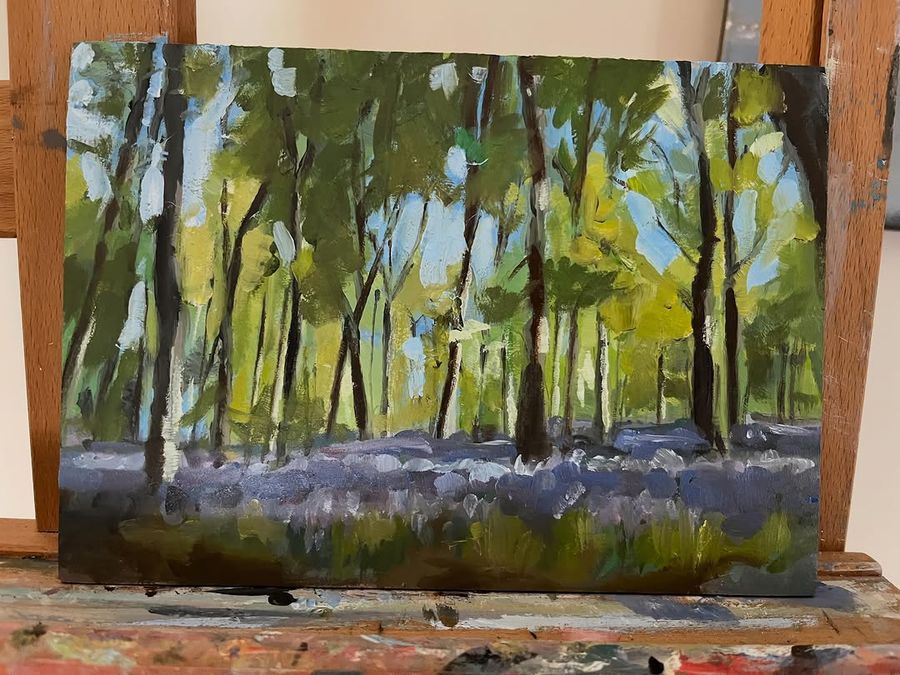 Oil painting of bluebell woods in the Cotswolds