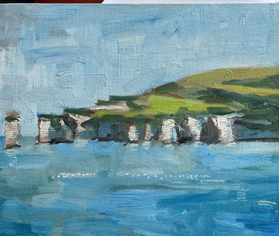 Oil painting of chalk cliffs and blue sea