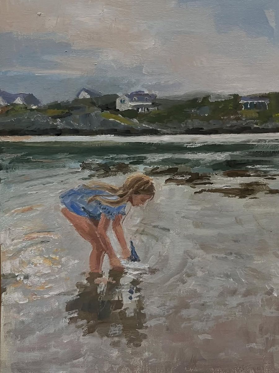 Oil painting of an evening boat launch
