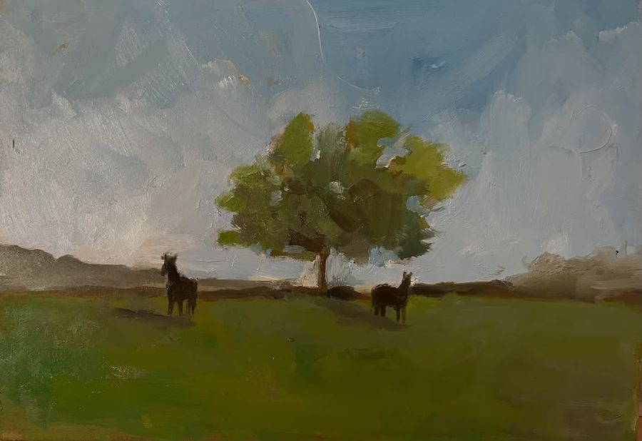 Oil painting of a field with animals under a tree near the house